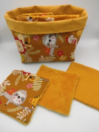 Panière et 10 lingettes en éponge de bambou motif animaux /feuilles