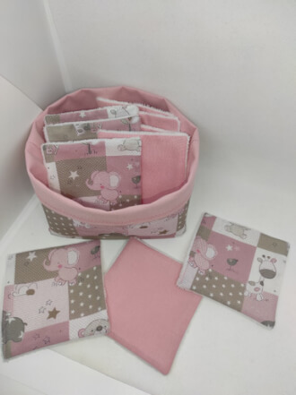 Panière réversible et 10 lingettes en éponge de bambou motif patchwork